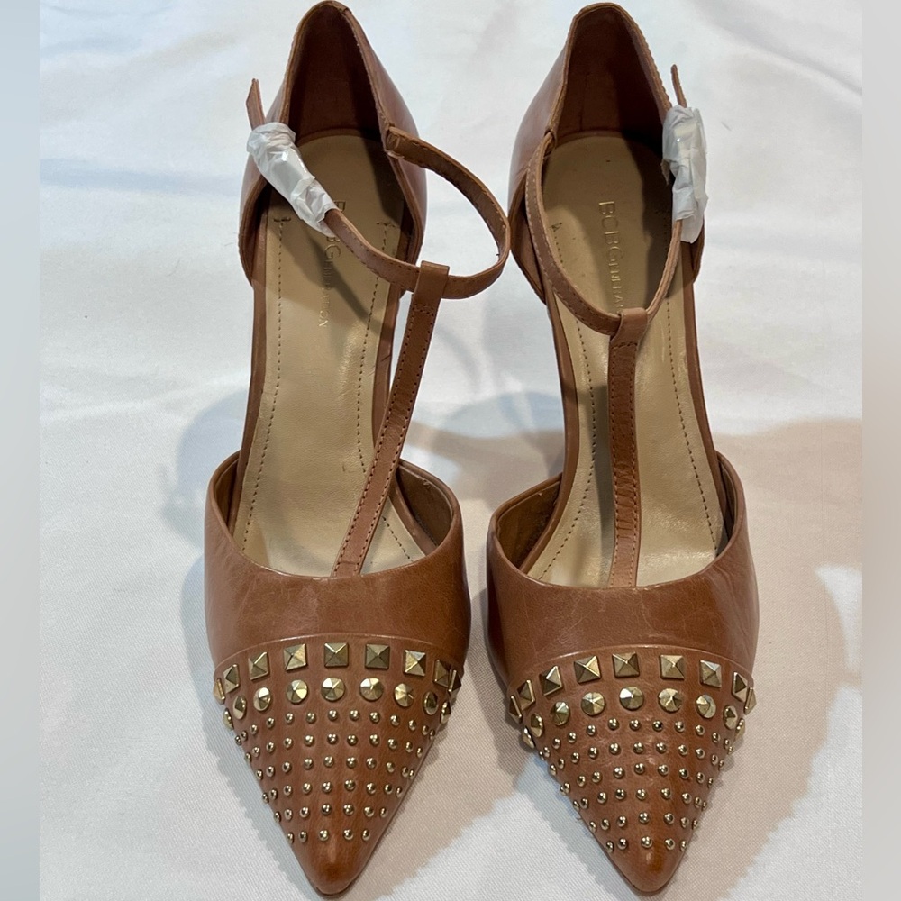 BCBGeneration Tan Studded T-Strap Heels